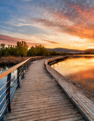 Obraz premium A serene scene unfolds with a wooden pier extending over a tranquil lake, bathed in the warm glow of sunset during the summer 