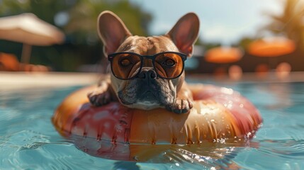 French bulldog wearing sunglasses floating on an inflatable ring in a swimming pool