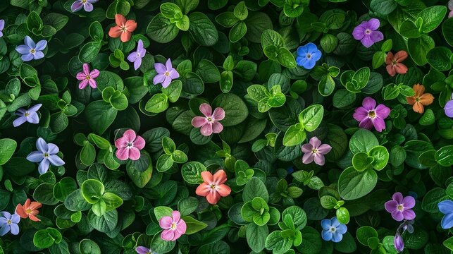 Bird&rsquo;s-Eye View of Tigirdia, Tropaeolum Majus, Viola Tricolor, and Vinca Difformis Flowers in Bloom