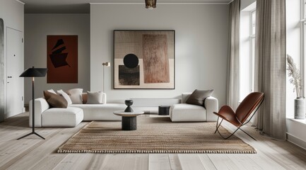 Modern Scandinavian home interior with clean lines, a neutral rug, and modern art pieces on the walls