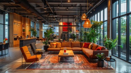 A modern noir-themed office with employees collaborating seamlessly to save time on projects