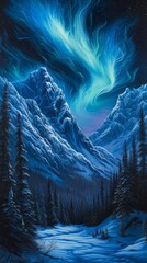 Snow-covered mountains under northern lights