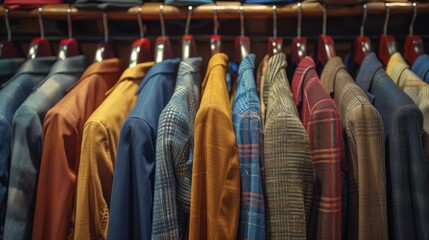 A rack of clothes with a variety of colors and patterns. The clothes are hanging on a rack, and the colors include blue, yellow, red, and green. The clothes are arranged in a way that they are visible