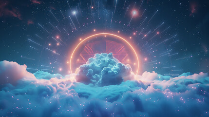 Amidst the stillness of the night, a neon-lit cloud emerges, encircled by a mesmerizing array of...