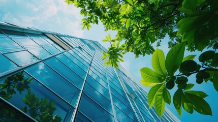 Eco-friendly building in the modern city. Green tree branches with leaves and sustainable glass building for reducing heat and carbon dioxide. Office building with green environment.