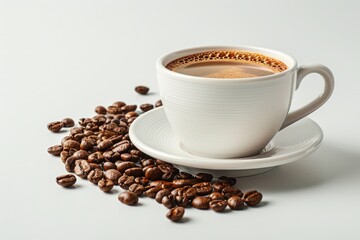 Fototapeta premium A white coffee cup with a white saucer sits on a table with a pile of coffee beans