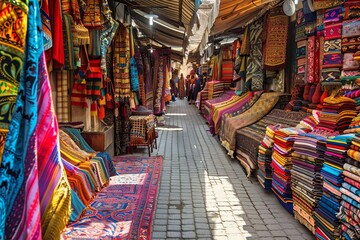 A narrow street lined with vibrant and colorful carpets and rugs, creating a diverse and lively scene