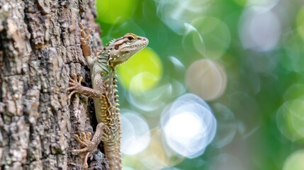 Common garden lizard molting on the tree during summer season. Selective focus with copy space