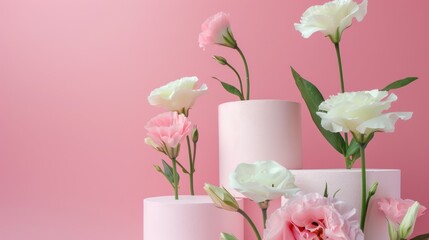 Composition with plaster podium and beautiful eustoma flowers on pink background