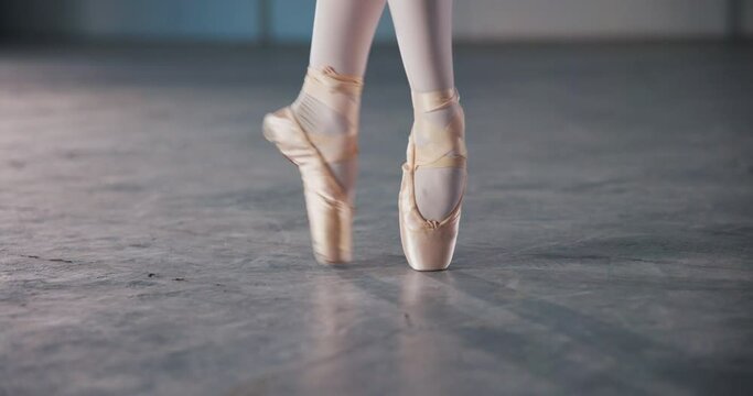 Closeup, ballerina and legs in ballet shoes with feet in dancing at studio for performance or show in zoom for practice. Woman, dancer and artist in class or stage in creative with pointe in exercise