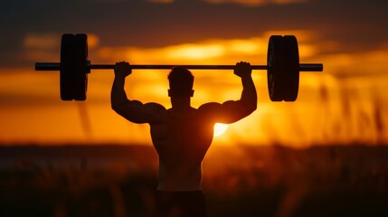 Bodybuilder lifting barbell at sunset
