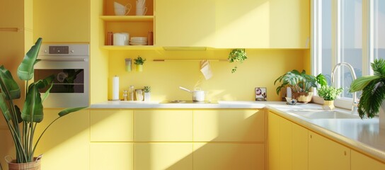 Yellow kitchen interior featuring pastel yellow cabinets, white quartz countertops, and minimalist design