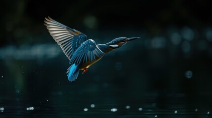 Common Kingfisher in flight with dark background. Beautiful blue bird fishing on the river. European waterfowl.