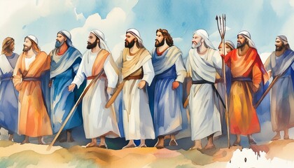 The twelve apostles with jesus christ Biblical. Christian religious watercolor illustration