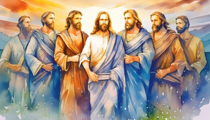 Fototapeta premium The twelve apostles with jesus christ Biblical. Christian religious watercolor illustration