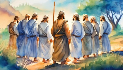 The twelve apostles with jesus christ Biblical. Christian religious watercolor illustration