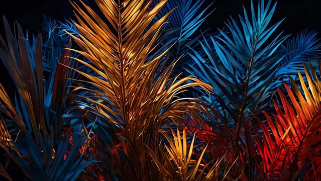 tropical leaves are in vivid shades of bronze, blue and red. designer concept, wallpaper, background, 