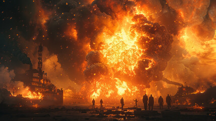 A horrific scene with explosions and fire. An oil rig, bursting with oil, people running for thier livesfireworks.generative ai