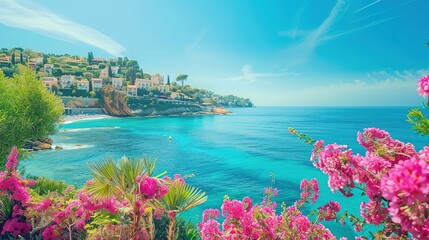 Seafront Landscape with Flowers - View of Stunning Coastal Town with Blue Sky
