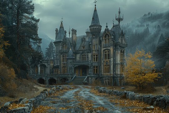 A castle with a large tower and a small house. The castle is surrounded by trees and has a gloomy atmosphere