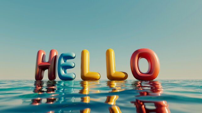 Colorful hello letters floating on water surface with clear sky