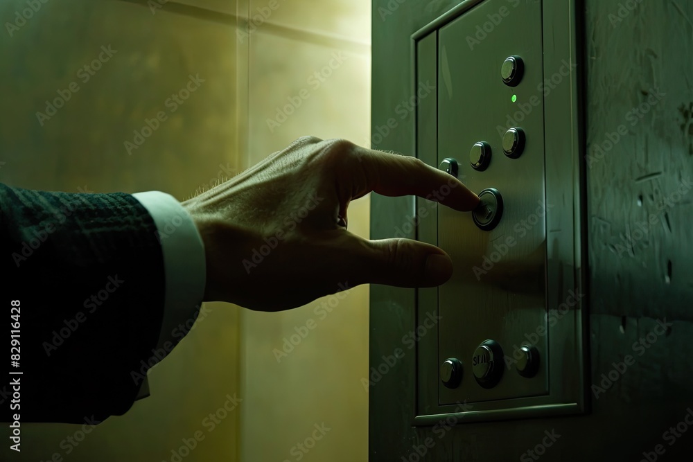 Poster a man is pointing at a button on an elevator. the button is green and the man is wearing a suit