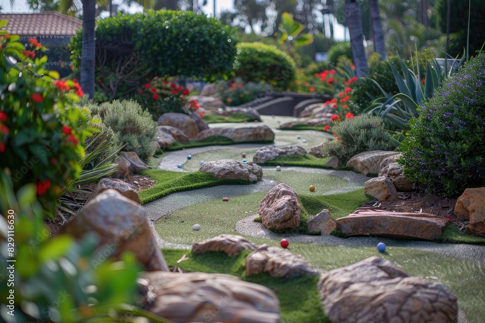 Poster a golf course with a path made of rocks and grass. the path is lined with red flowers and bushes