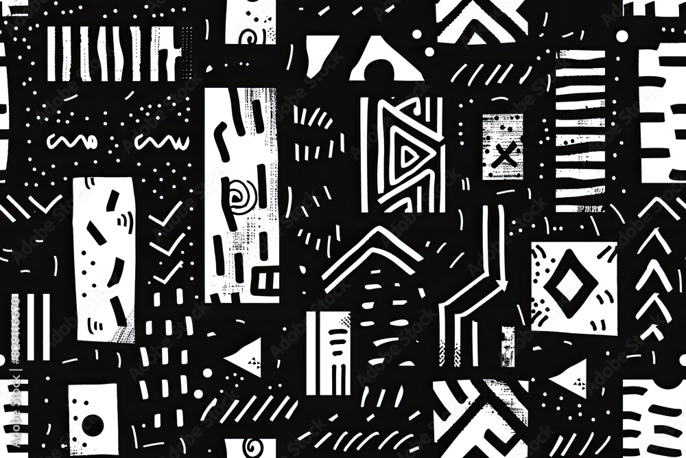 Poster a black and white abstract painting with many different shapes and lines. the painting is full of en