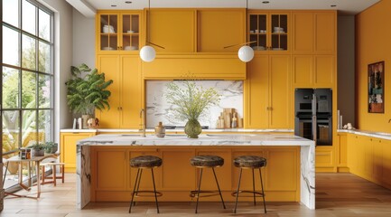 Yellow kitchen interior with honey yellow cabinets