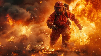 Fototapeta premium an oil rig worker is jumping in the fire at the oil platform trying to escape,generative ai