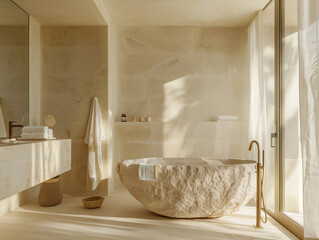 Bathtub featuring a sizable stone bowl at its center