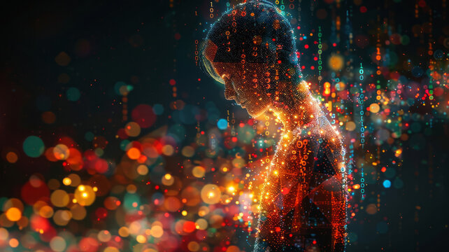 A human-like person transforms into digital binary code, with 1s and 0s, rendered in an array of bright colors,generative ai