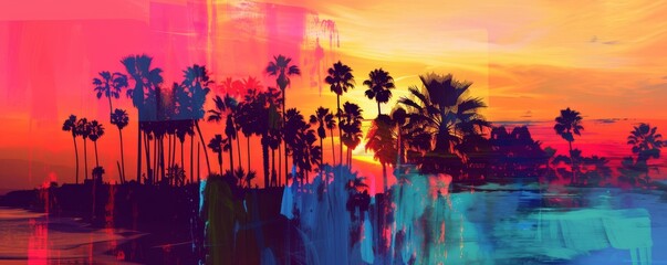 Colorful abstract palm trees sunset