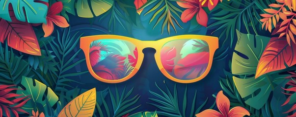 Bright sunglasses with tropical leaves background