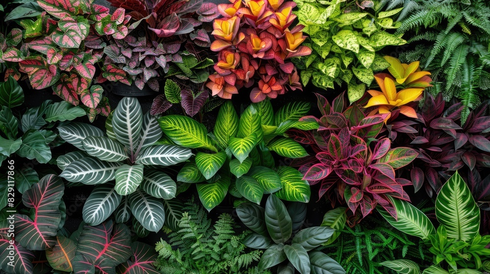 Aufkleber a wall of plants with many different colors and shapes. the plants are arranged in a way that create