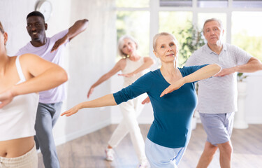 Fototapeta premium Group of multiethnic mature active people dancing classical dance movements in studio