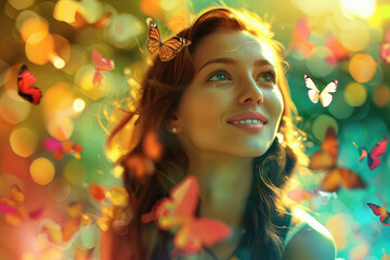 Fototapeta premium A woman with long hair has a butterfly perched on her hair, showcasing a delicate and colorful interaction between the two subjects