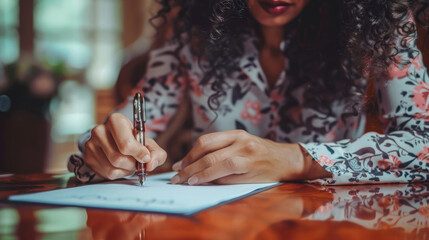 Fototapeta premium A woman with curly hair, wearing a floral shirt, writes on a piece of paper with a pen at a wooden table in a sunlit room, concentrating on her task
