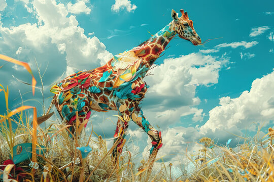 Giraffe stands gracefully amidst tall grass in a field, its distinctive long neck reaching upwards and observing the surroundings