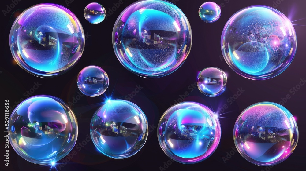 Poster a series of colorful bubbles floating in the air. the bubbles are of different sizes and colors, cre