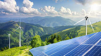 photo of solar panels and wind turbines on the background, mountain landscape with green trees, blue sky with clouds, bright sunny day