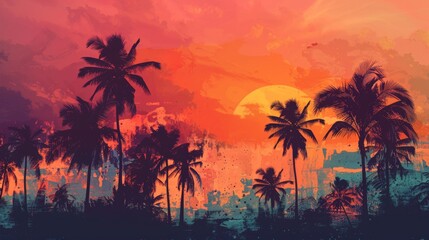 Vibrant tropical sunset with silhouetted palm trees