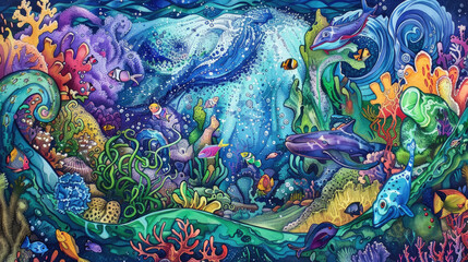 A painting depicting a vibrant ocean scene with dolphins swimming gracefully alongside various other marine animals