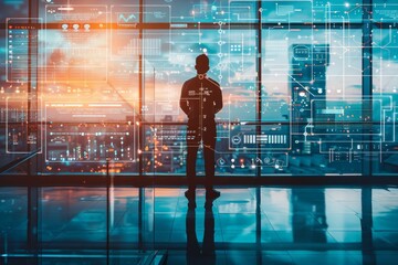 Businessman standing in front of a big window with digital icons and graphs floating on the screen, representing advanced data analytics tools for global business strategy at the office