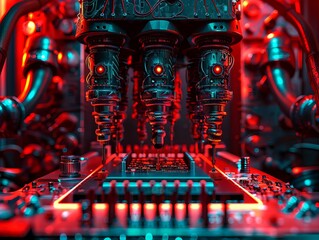 A detailed 3D illustration of a microchip under a microscope, revealing AIdriven nanotechnology