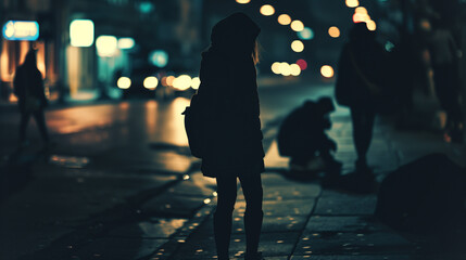 Woman walking on the street at night.