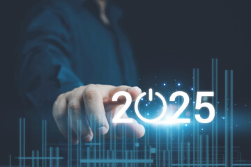 Businessman touch on virtual bar status to change from 2024 to 2025, countdown of merry Christmas...