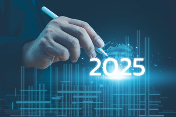 Businessman touch on virtual bar status to change from 2024 to 2025, countdown of merry Christmas...