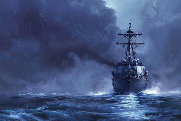 A naval destroyer battles turbulent waves in the midst of a stormy day in the open ocean