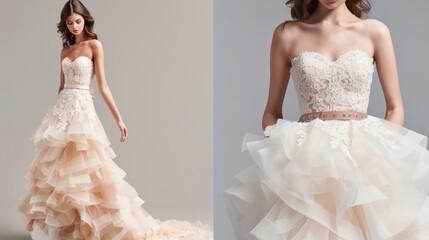 A sweetheart neckline lace dress with a fitted bodice and a layered tulle skirt complete with a leather belt and intricate beading.